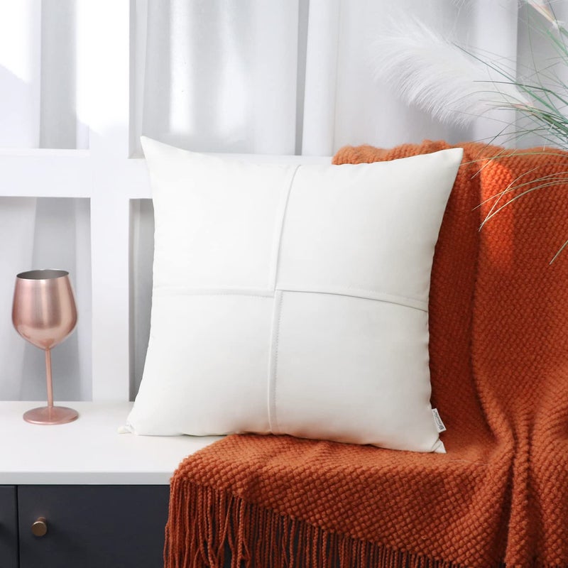 BRAWARM Faux Leather Throw Pillow Covers 16 X 16 Inches, White Leather Pillow Covers Pack of 2, Hand Stitched Leather Decorative Throw Pillows for Couch Sofa Bed Living Room Home Garden - Image 4